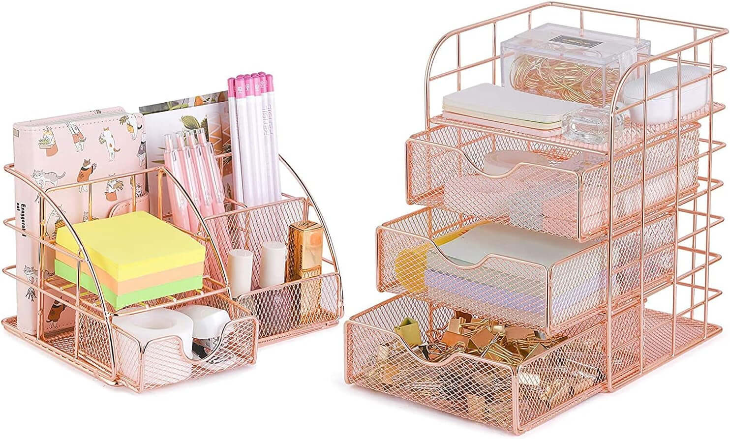 Modern home office workspace with rose gold desk organizer, ergonomic accessories, and productivity tools for remote work