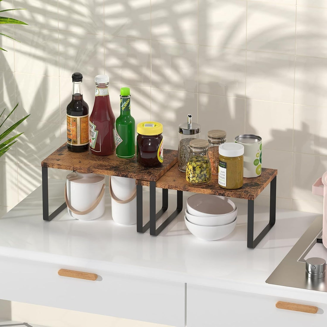 Organized small space home with vertical storage shelves, stackable organizers and space-saving furniture solutions