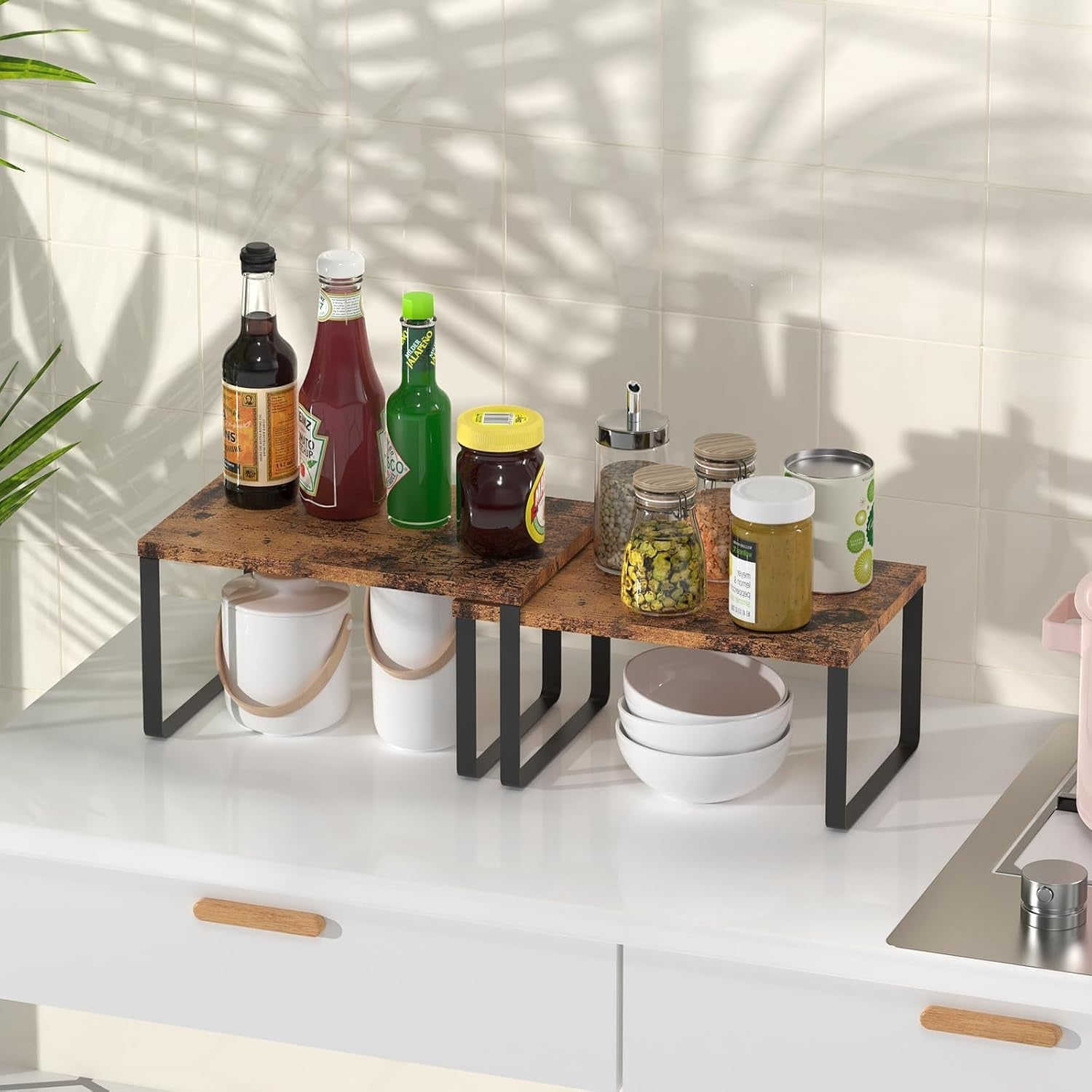 Organized small space home with vertical storage shelves, stackable organizers and space-saving furniture solutions