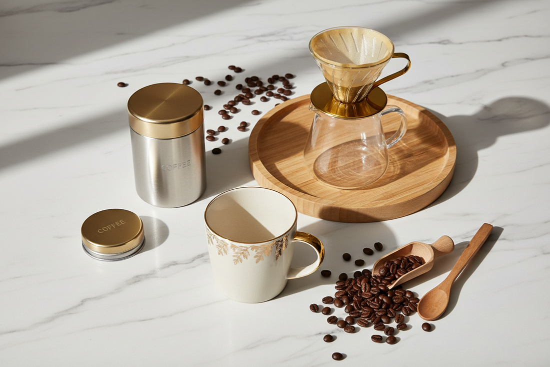 Premium coffee care collection featuring airtight storage canisters, precision brewing tools, handcrafted ceramic mugs, and coffee accessories for home baristas