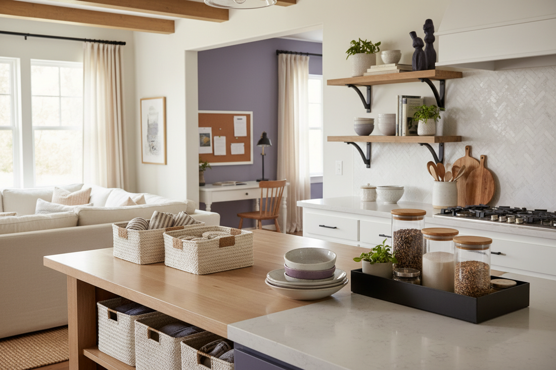 Budget-friendly home organization products including kitchen gadgets, storage baskets, and workspace essentials under $50