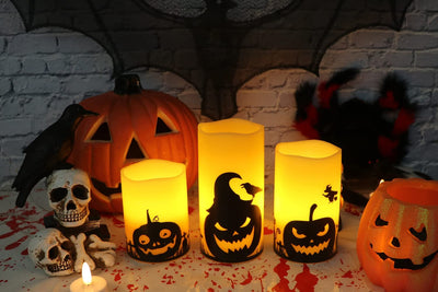 Spooky Halloween Flameless Candles - LED Flickering Pillar Set with Pumpkin Decals, 6H Timer | Perfect Fall Festival Party Decor - Set of 3 (D 3” X H 4”, 5”, 6”)