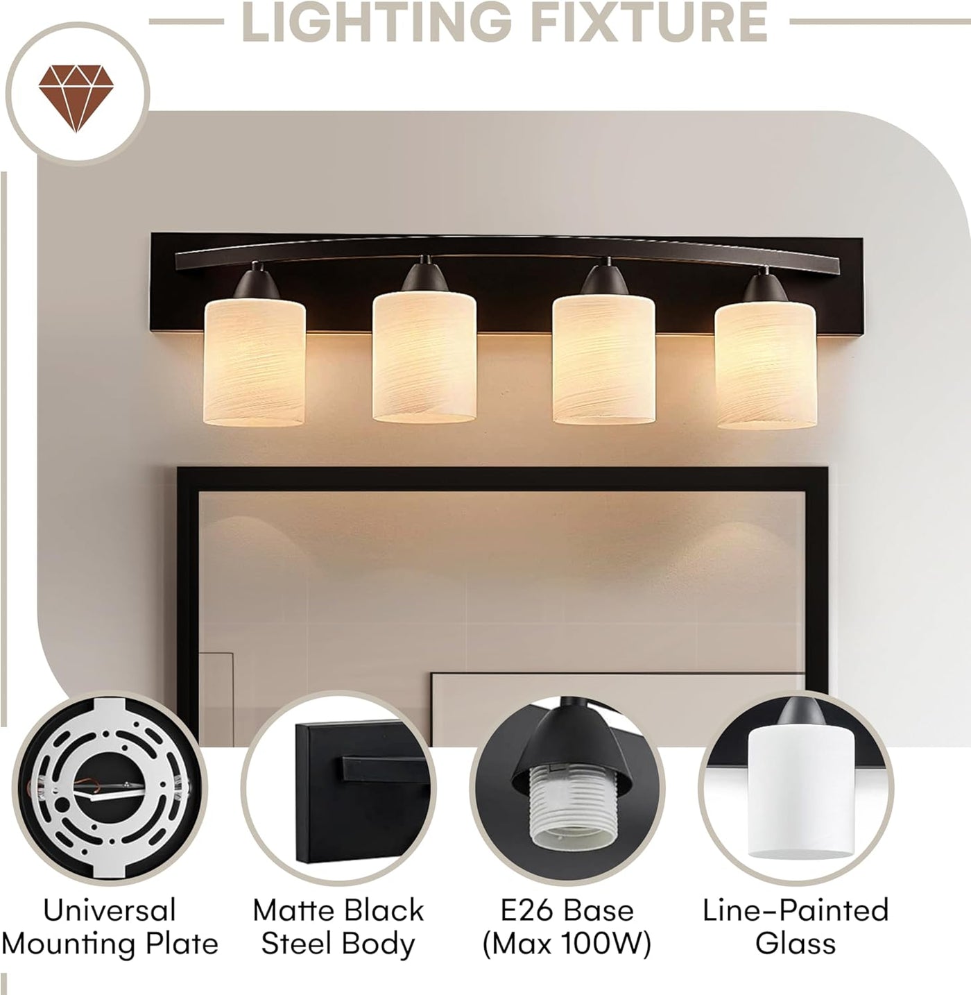 Bathroom Vanity Light Fixture - Bathroom Vanity Lights over Mirror in Bronze - Interior Lighting Bar with Nickel Glass Shade - 4 Lights, E26 100W LED, Bulbs Not Included, 7X32X8.5 Inches - GG store