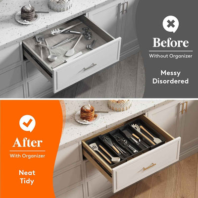 Utensil Drawer Organiser,Expandable Large Cutlery Tray for Kitchen,Kitchen Storage & Organisation,Silverware Flatware Holder, Plastic Kitchen Spatula Tools and Gadgets Storage Divider, Black - GG store