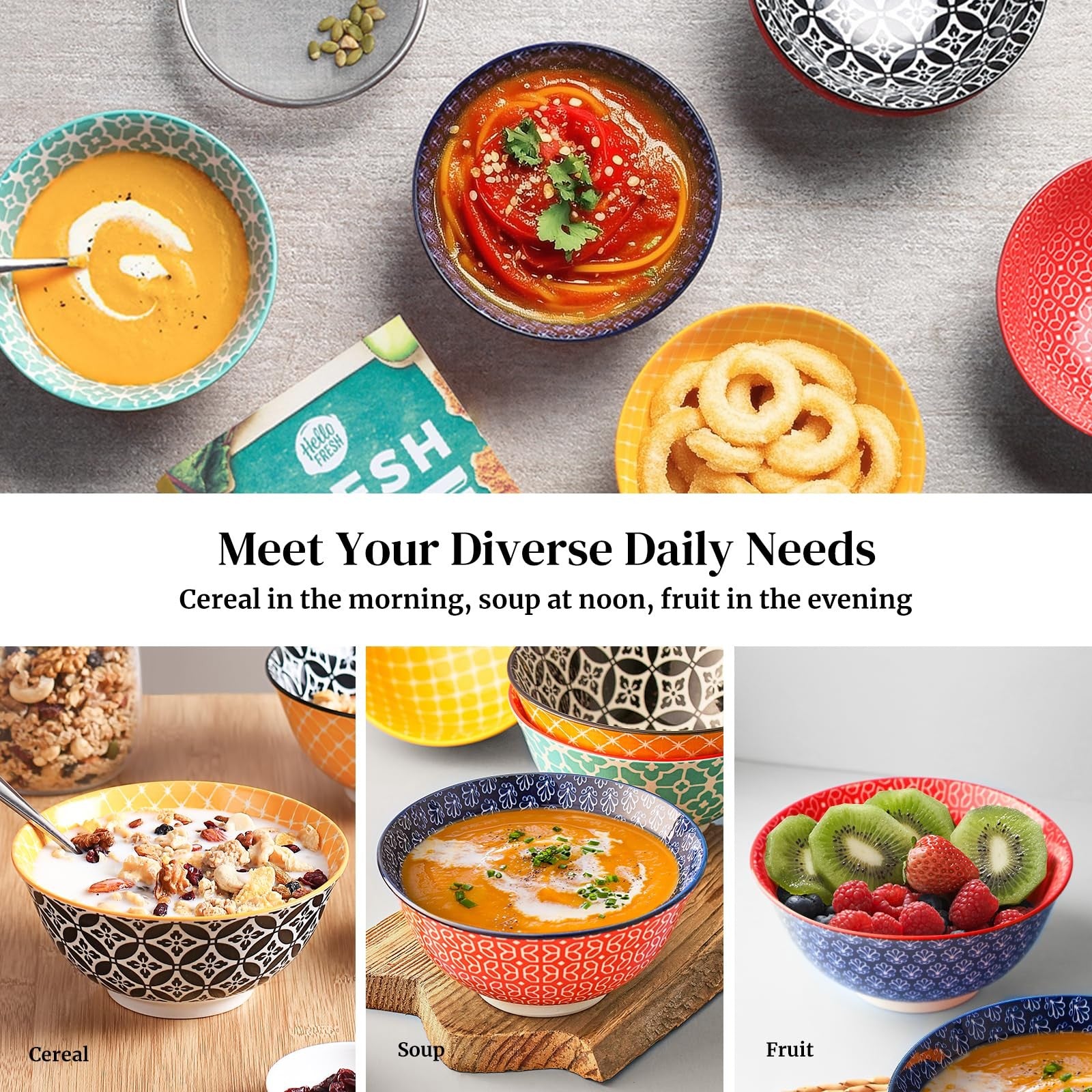 Colorful Ceramic Soup & Cereal Bowls Set of 6 – 23oz Porcelain Serving Bowls for Soup, Salad, Pasta & Oatmeal | Microwave & Dishwasher Safe Modern Dinnerware Set