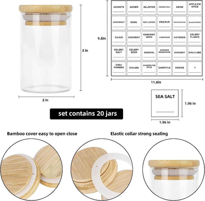 Glass Spice Jars Set of 20 - Mini 3.2Oz Airtight Containers with Bamboo Lids and Preprinted Labels for Pantry Storage - GG store