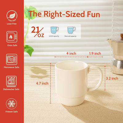 Extra Large 21 Oz Stackable Porcelain Mug Set - 6 Elegant White Coffee, Tea & Mulled Drink Cups with Handles