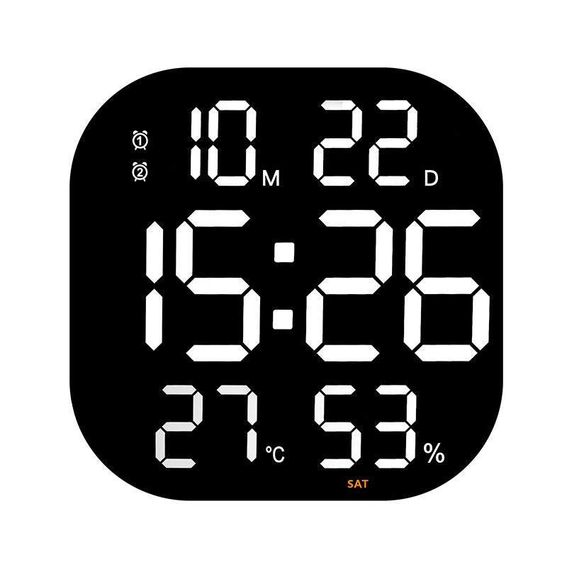 Cavira LED acrylic smart wall clock with digital display, thermometer, alarm, countdown, and night light in a modern living room setting