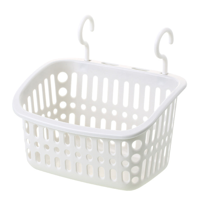Plastic wall-mounted double hook hanging storage basket by Cavira, ideal for organizing kitchens, bathrooms, and bedrooms.