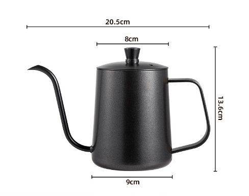 Black Cavira gooseneck pour-over kettle with 600ml capacity, precision drip spout, stovetop and induction compatible.
