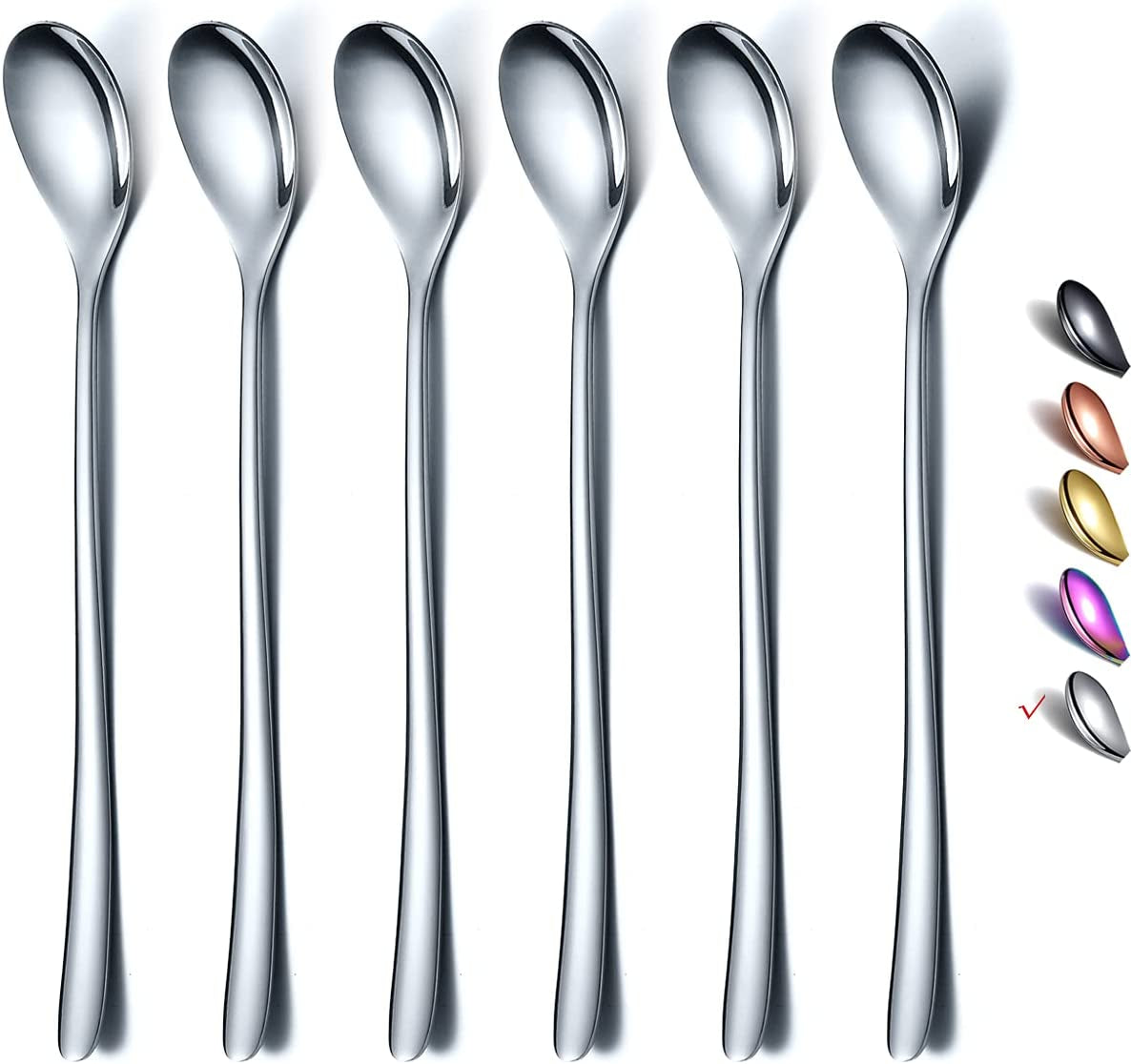 Premium Long Handle Stainless Steel Coffee and Cocktail Stirrer Set - 6 Elegant Spoons for Ice Tea, Cream, and More (Silver)
