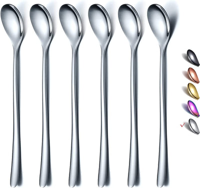 Premium Long Handle Stainless Steel Coffee and Cocktail Stirrer Set - 6 Elegant Spoons for Ice Tea, Cream, and More (Silver)