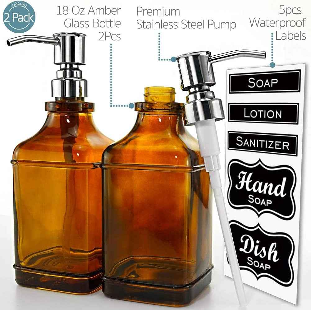 2Pack Paris Style Amber Soap Dispenser with Rust Proof Stainless Steel Pump, Refillable Kitchen Soap Dispenser with 6Pcs Stickers, Premium Hand Soap Dispenser for Kitchen Bathroom (Amber) - GG store