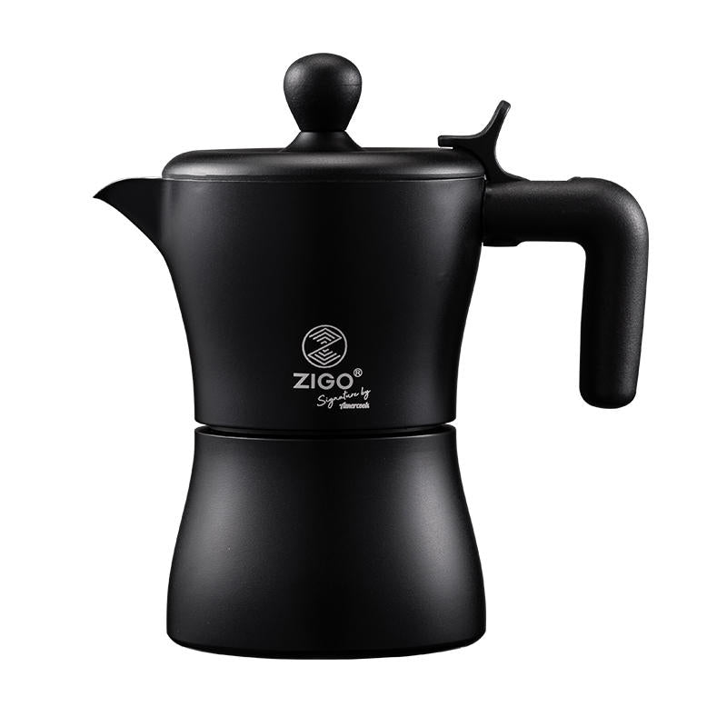 Cavira Moka Pot stovetop espresso maker in stainless steel, with a sleek handle, suitable for gas, electric, and induction cooking.