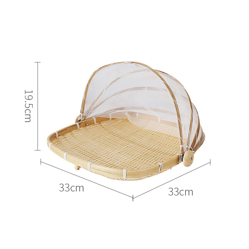 Handmade bamboo basket by Cavira, natural woven tray for bread, fruit, or serving at kitchen and dining table.