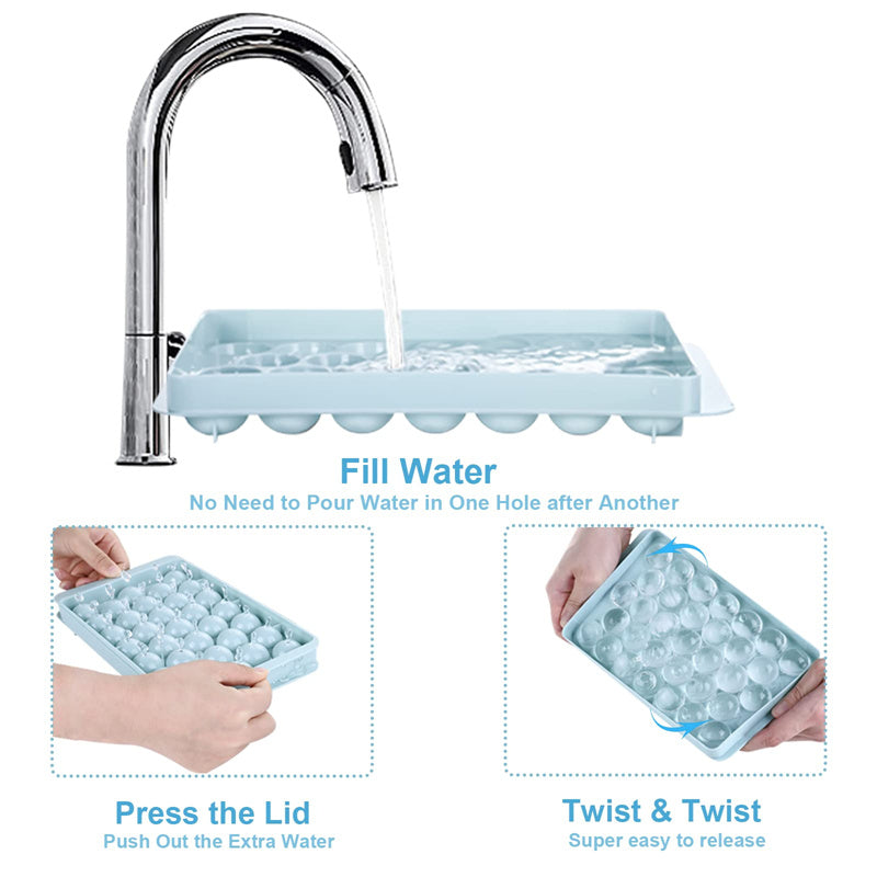 Blue and pink Cavira 33-grid round ice cube tray with lid, making 33 odor-free ice balls for cocktails, cold brew, and daily use.