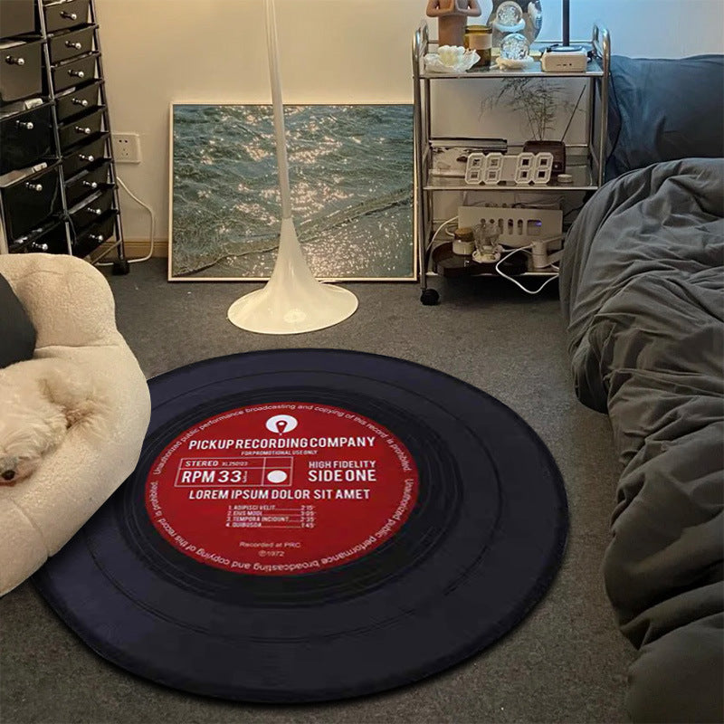 Eprolo vinyl record-themed round floor mat used as a hanging basket, tea table, or non-slip foot mat in living room.