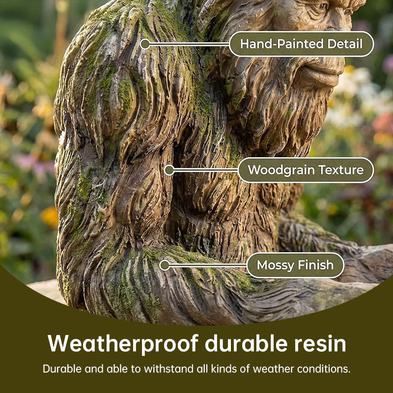 Bigfoot Sasquatch bird feeder made of weather-resistant resin, outdoor garden ornament, with three unique design options.