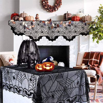 Aritiflr 3 Pack Halloween Decorations, Black Lace Party Decor, Spider Web Fireplace Mantel Scarf Cover, Spider Web Table Topper Tablecloth, Halloween Lamp Shade