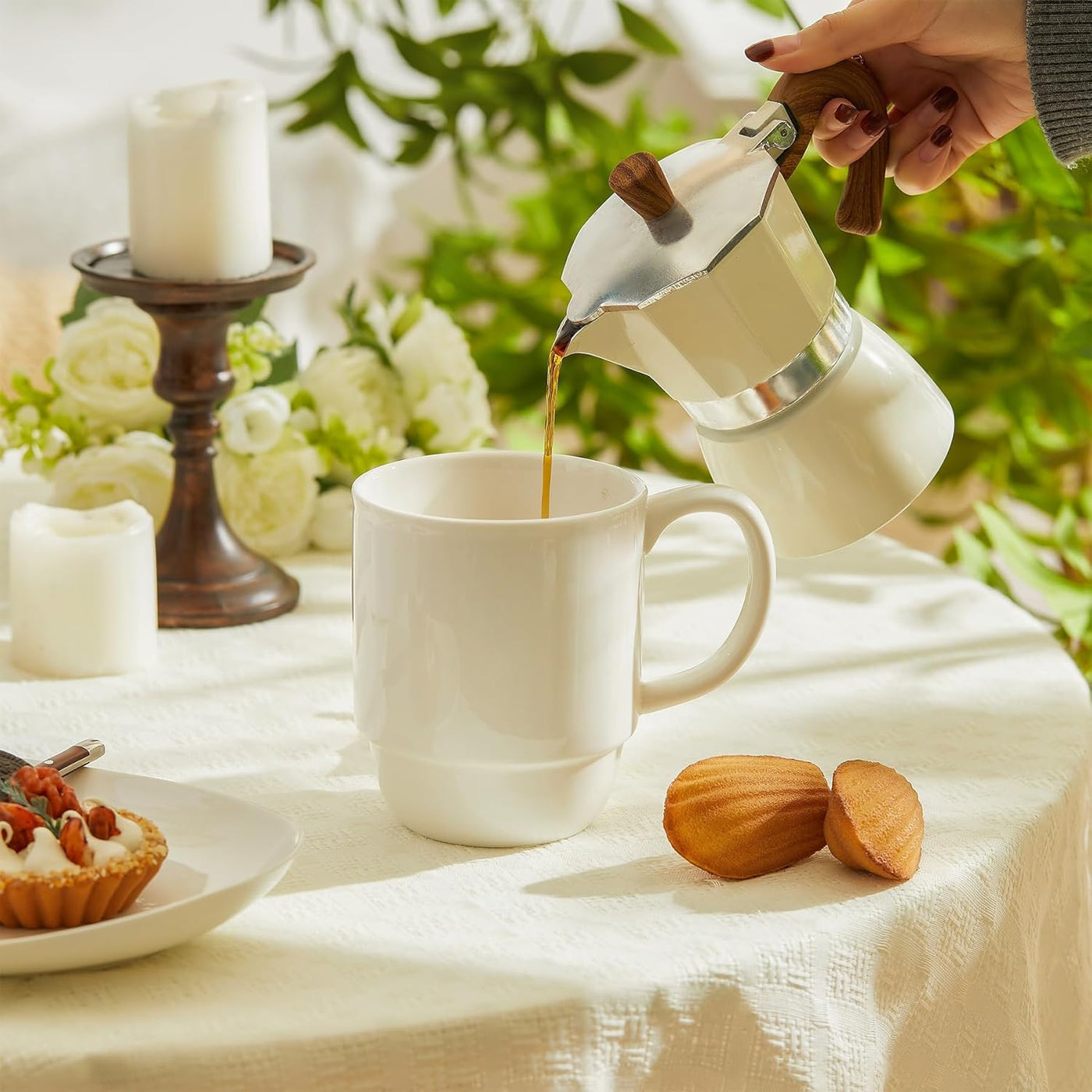 Extra Large 21 Oz Stackable Porcelain Mug Set - 6 Elegant White Coffee, Tea & Mulled Drink Cups with Handles