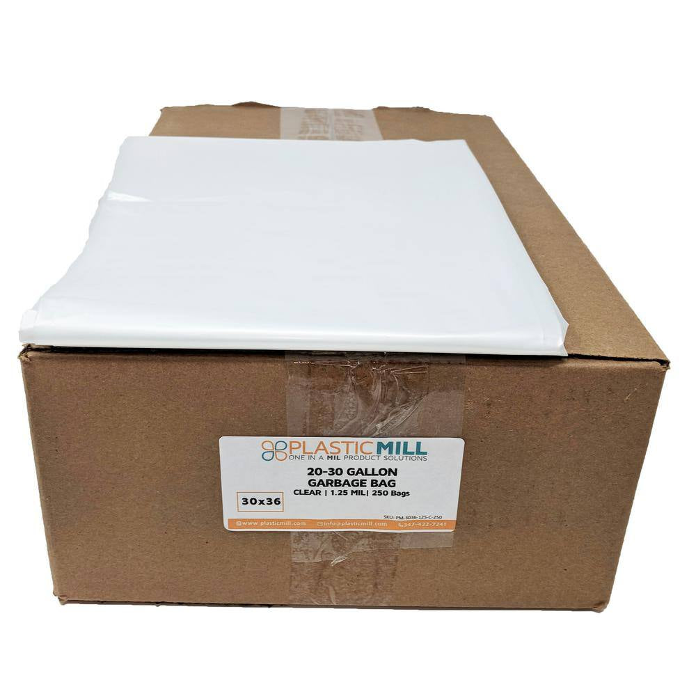 Heavy-Duty 30 Gal Clear Trash Bags - 1.25 Mil Thickness, 250 Count, 30"W x 36"H