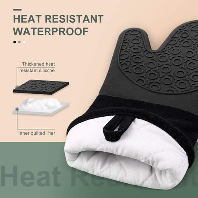Ultimate Heat Resistant Extra Long Silicone Oven Mitts - 14.6 Inch Non-Slip Grip for BBQ, Baking, Cooking & Grilling - 1 Pair in Stylish Black