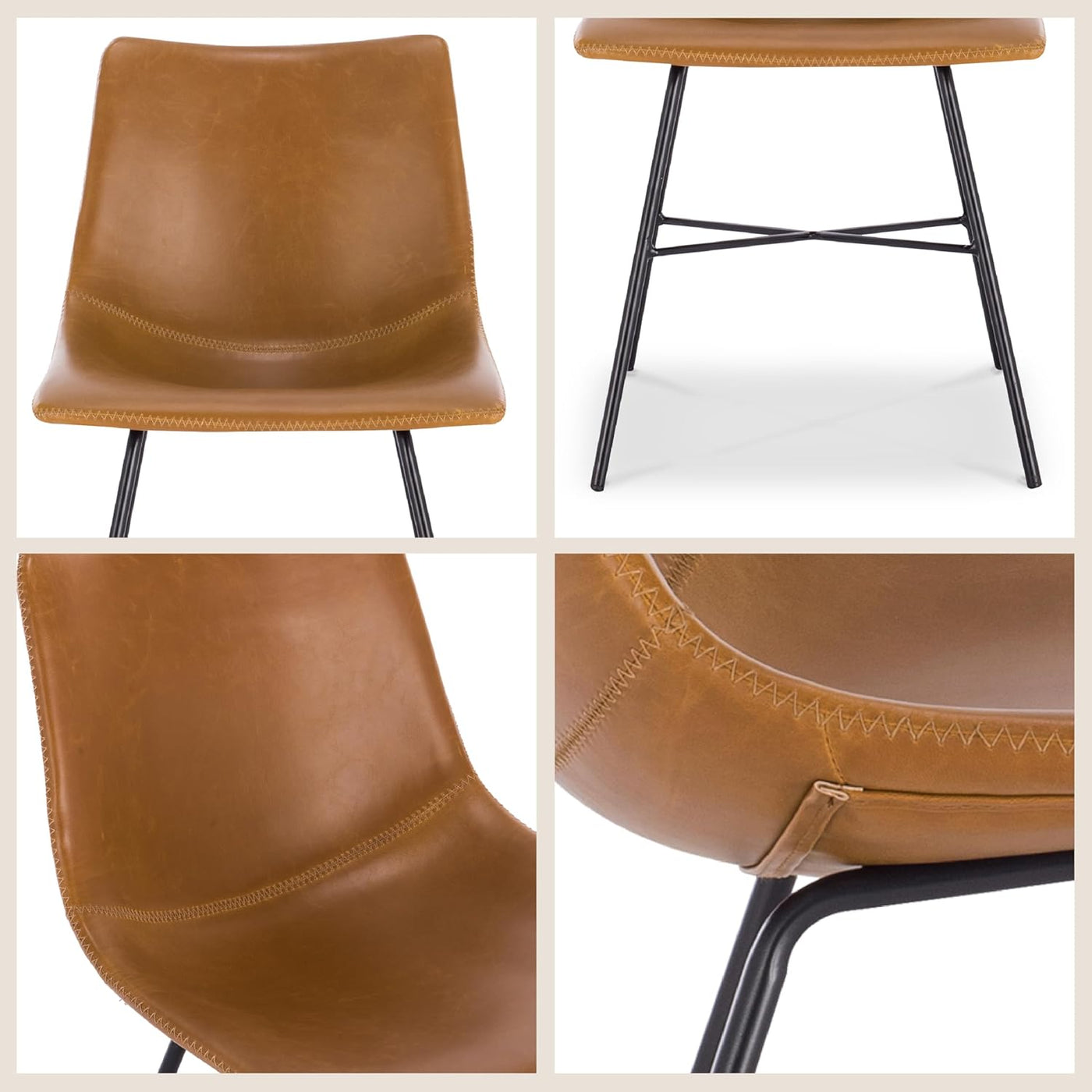 Stylish Paxton Tan Leather Dining Chairs - Set of 2 Modern Low Back Essentials with Comfortable Faux Leather Upholstery and Sleek Matte Black Steel Base