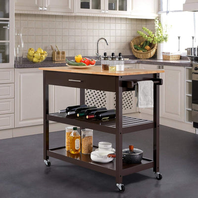 Versatile Bamboo Top Kitchen Island on Wheels - 3-Tier Rolling Cart with Drawer & Wine Storage, Espresso Finish, Perfect for Serving & Microwave Use, 20" D X 40" W