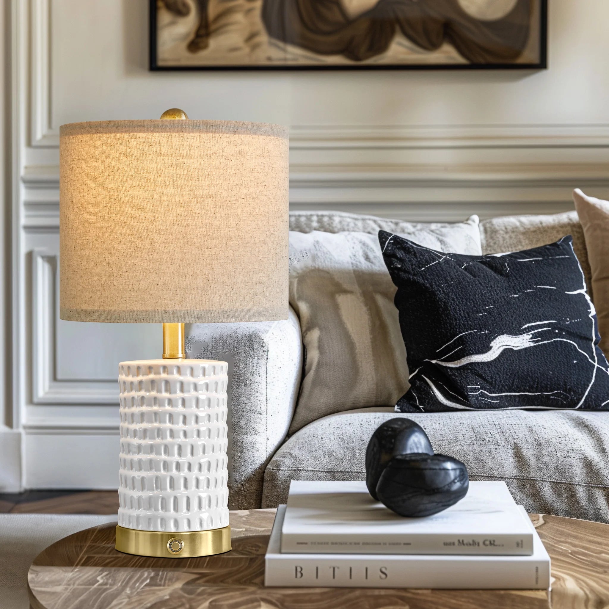 Set of 2 Dimmable Ceramic Table Lamps with USB Ports – Modern Farmhouse Bedside Nightstand Lighting