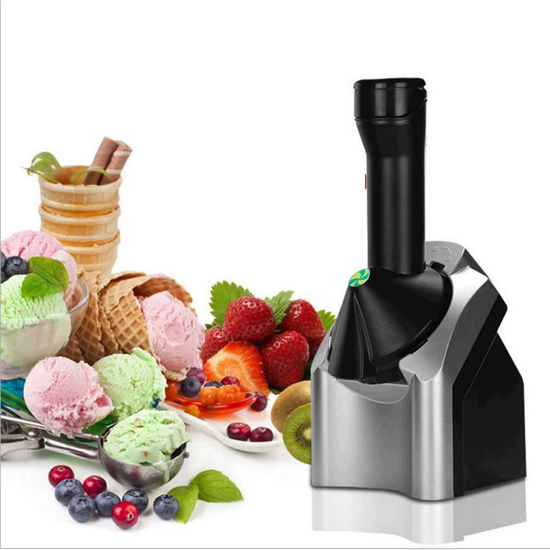 Cavira electric fruit ice cream maker in silver, showing the machine with fresh fruit ingredients for healthy sorbet and frozen yogurt.