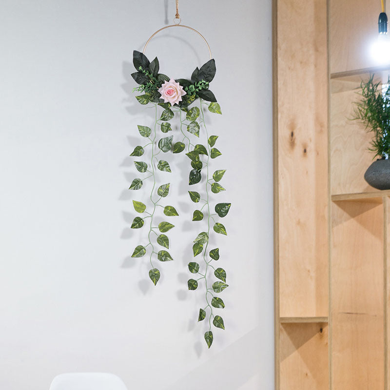 Faux green vine wall hanging decoration with iron ring, boho style for living room or bedroom wall décor by Cavira