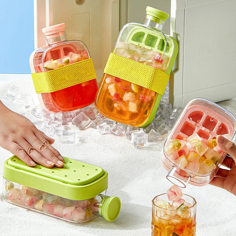 Cavira 2-in-1 ice cube maker bottle with lid and straw, portable press ice tray kettle for home, office, and travel use