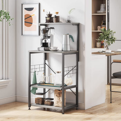 Multifunctional Kitchen Bakers Rack with Rolling Wheels - Stylish Microwave Stand & Utility Storage Cart with 10 Hooks and Adjustable Feet