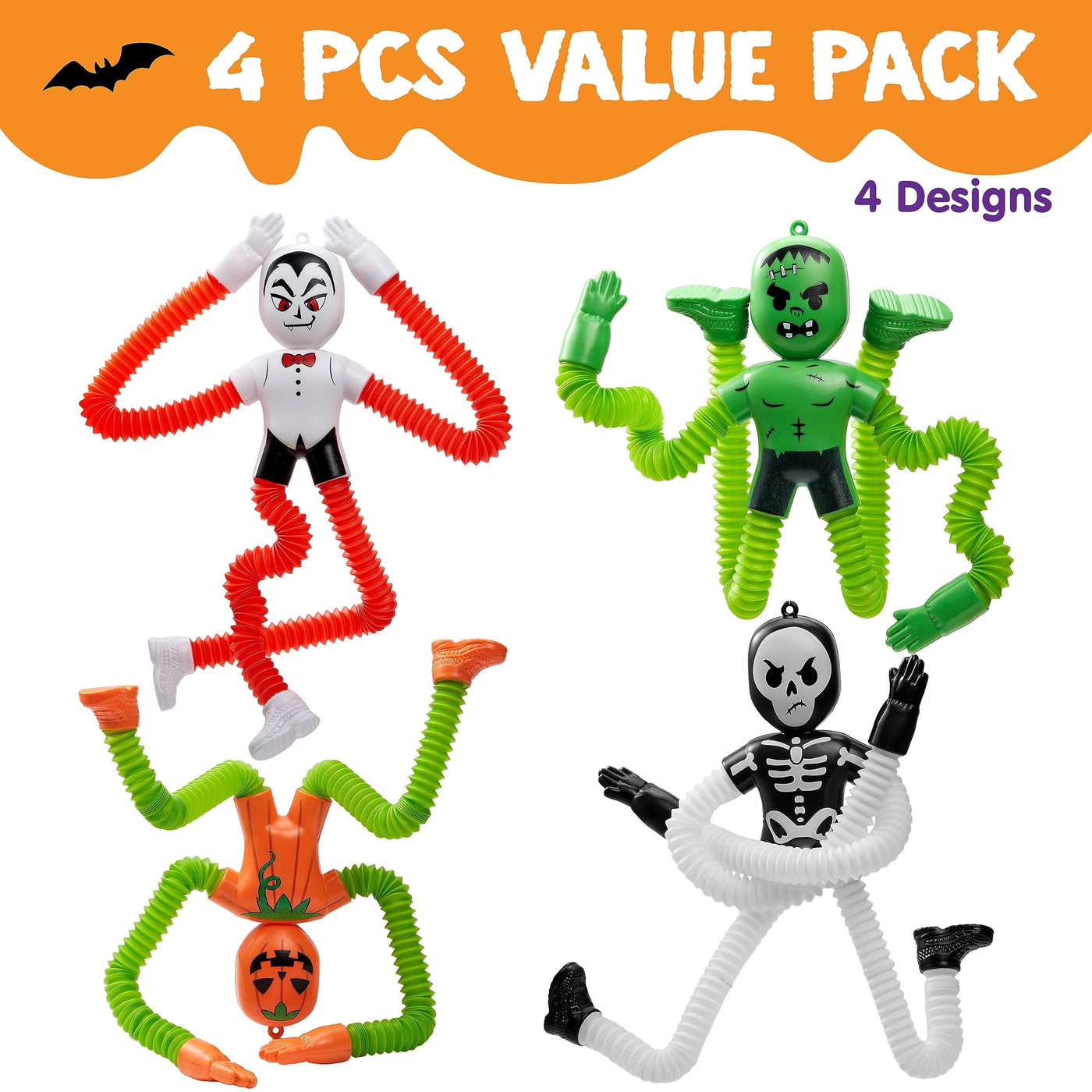 Spooktacular 4-Pack Halloween Sensory Stretchy Fidget Toys - Telescopic Pop Tubes for Party Favors & Goody Bags! Perfect for Classroom Prizes!