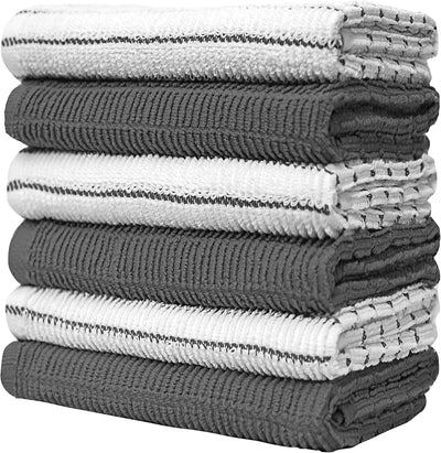 Premium Pack of 6 Extra Absorbent Grey Kitchen Towels - Striped Chef Weave, Large 380 GSM Dish Drying Towels