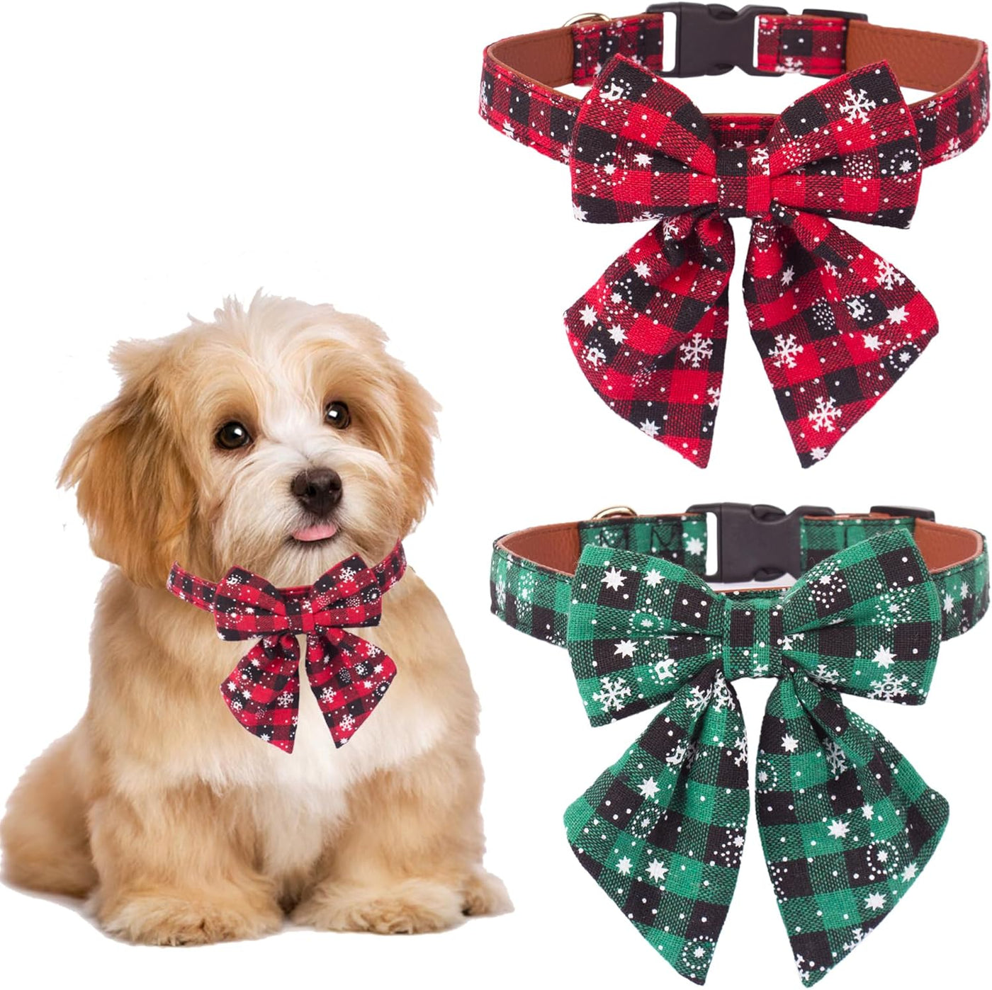 Festive 2-Pack Christmas Dog Collars with Removable Bow Ties - Classic Plaid Red & Green for Small Pets