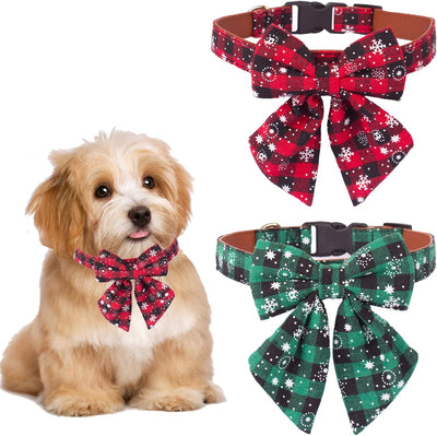 Festive 2-Pack Christmas Dog Collars with Removable Bow Ties - Classic Plaid Red & Green for Small Pets