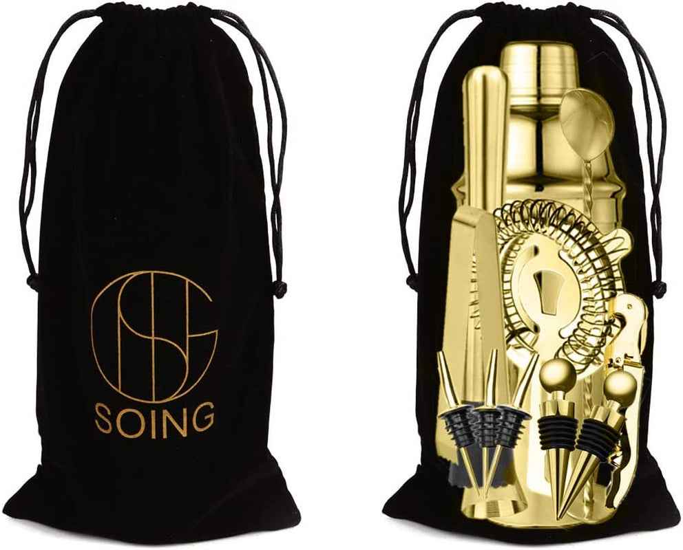 Gold Cocktail Shaker Set - 24-Piece Home Bartending Kit with Stainless Steel Bar Tools, Stand, Velvet Carry Bag & Recipes Included - GG store