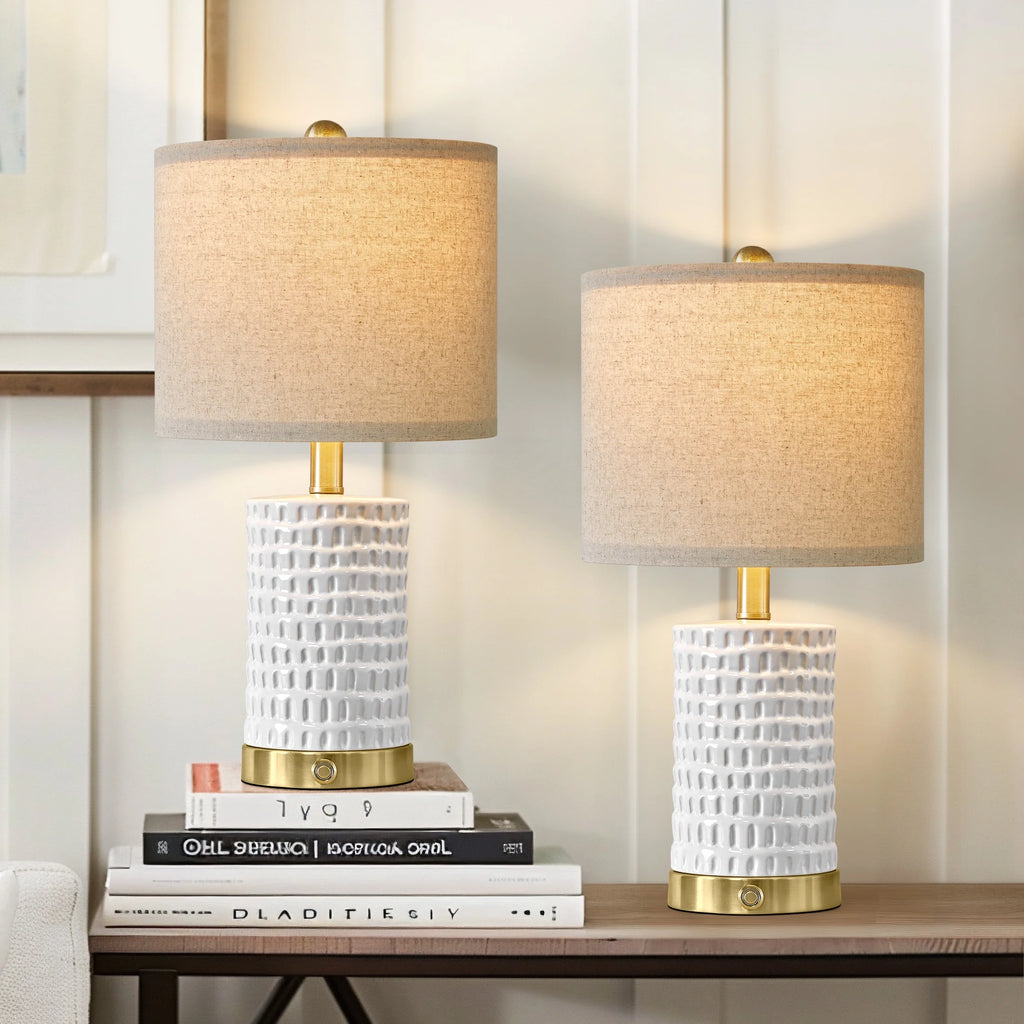 Set of 2 Dimmable Ceramic Table Lamps with USB Ports – Modern Farmhouse Bedside Nightstand Lighting