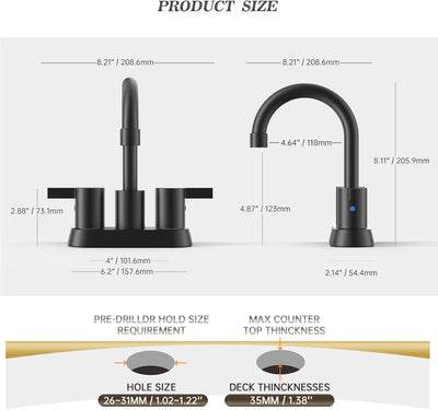 4 Inch 2 Handle Centerset Matte Black Lead-Free Modern Bathroom Faucet, 360 Swivel Spout 2-3 Hole RV Bathroom Vanity Sink Faucet with Pop up Drain and Water Supply Lines,Bf015-1-Mb - GG store