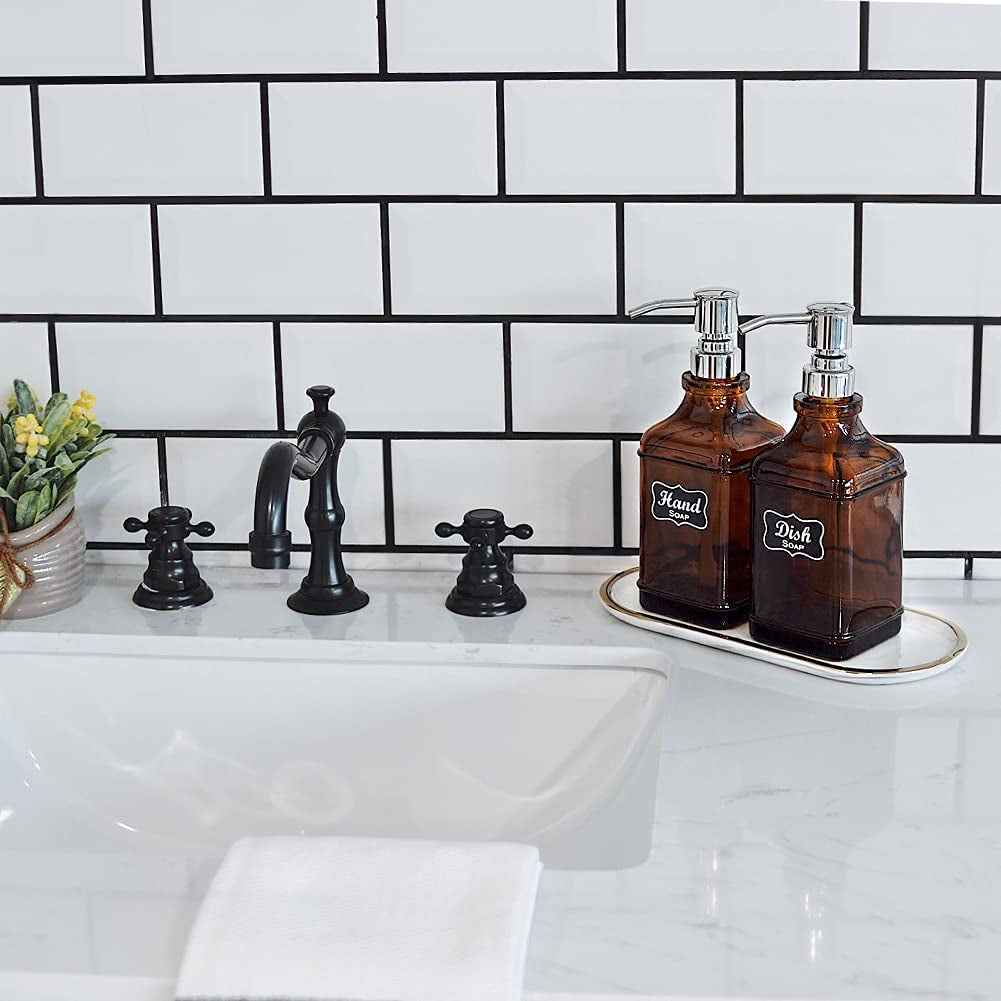 2Pack Paris Style Amber Soap Dispenser with Rust Proof Stainless Steel Pump, Refillable Kitchen Soap Dispenser with 6Pcs Stickers, Premium Hand Soap Dispenser for Kitchen Bathroom (Amber) - GG store