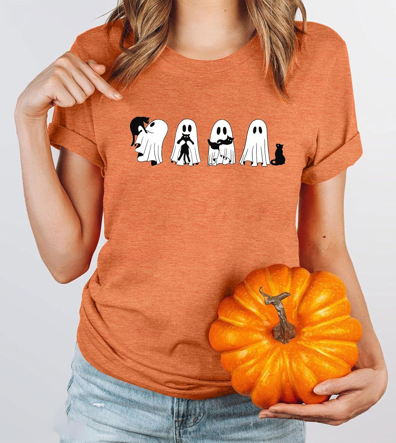 Cotton Halloween Ghost Cat Shirts for Women