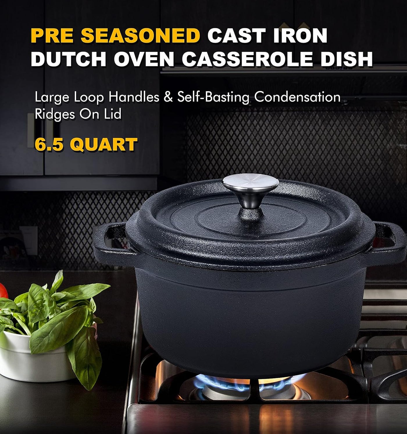 5.2 Quart Pre-Seasoned Cast Iron Dutch Oven with Lid - Versatile Skillet for Casseroles & Braising - Induction Compatible