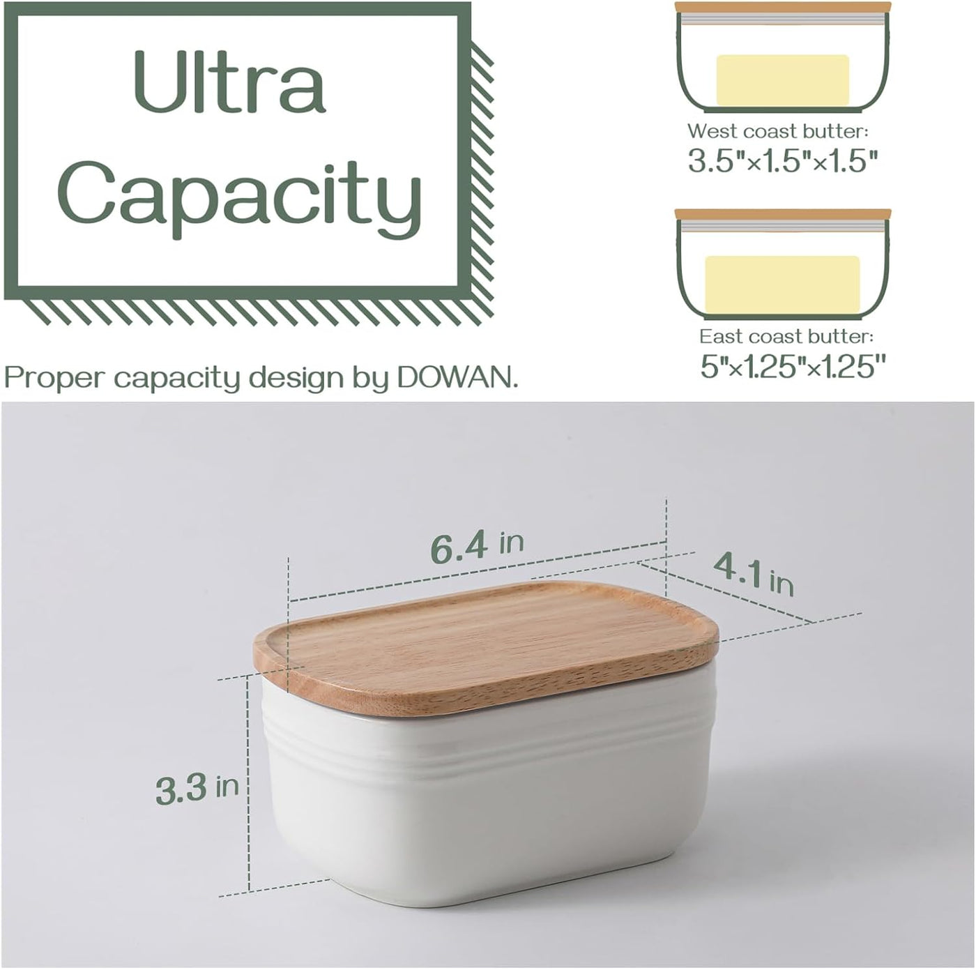 Extra Large Ceramic Butter Dish with Airtight Wooden Lid - Stylish Farmhouse Kitchen Decor, Freezer Safe & Perfect for Countertop or Fridge
