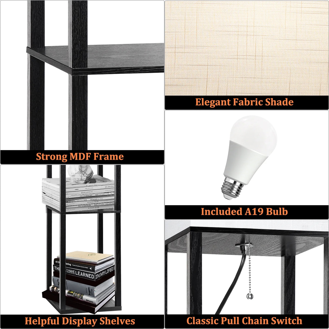 63" Shelf Floor Lamps with Shelves for Living Room Bedroom Office  Wood Modern Standing Lamps Black - GG store