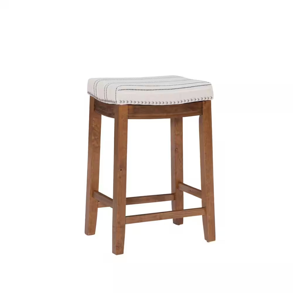 Modern Wooden Counter Height Bar Stool – Upholstered Backless Kitchen Island Seating Chair 26.5” Brown And Beige Striped Counter Height (24-27 In.)