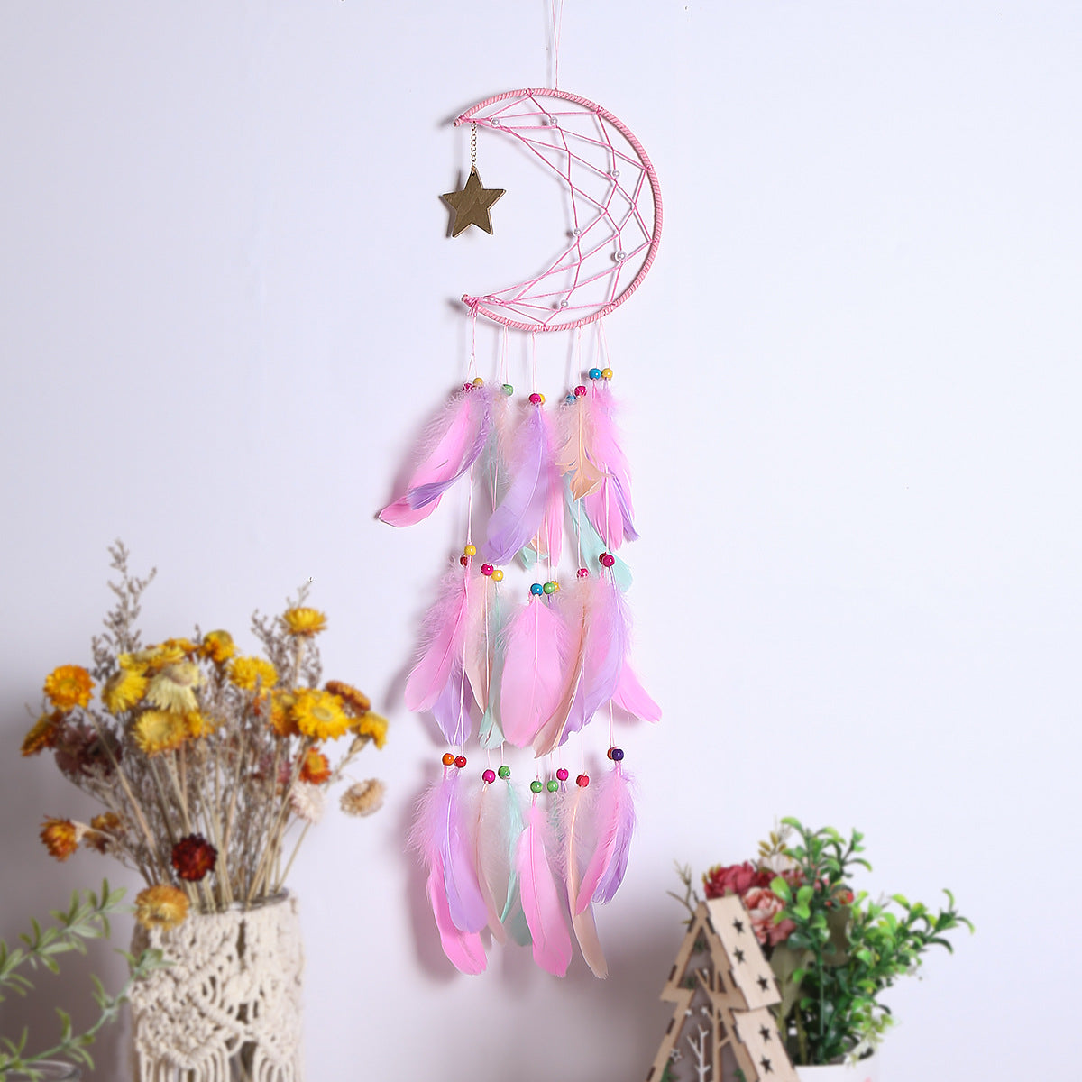 Cavira crescent moon and star feather dream catcher wall hanging with boho celestial design for bedroom or nursery decor