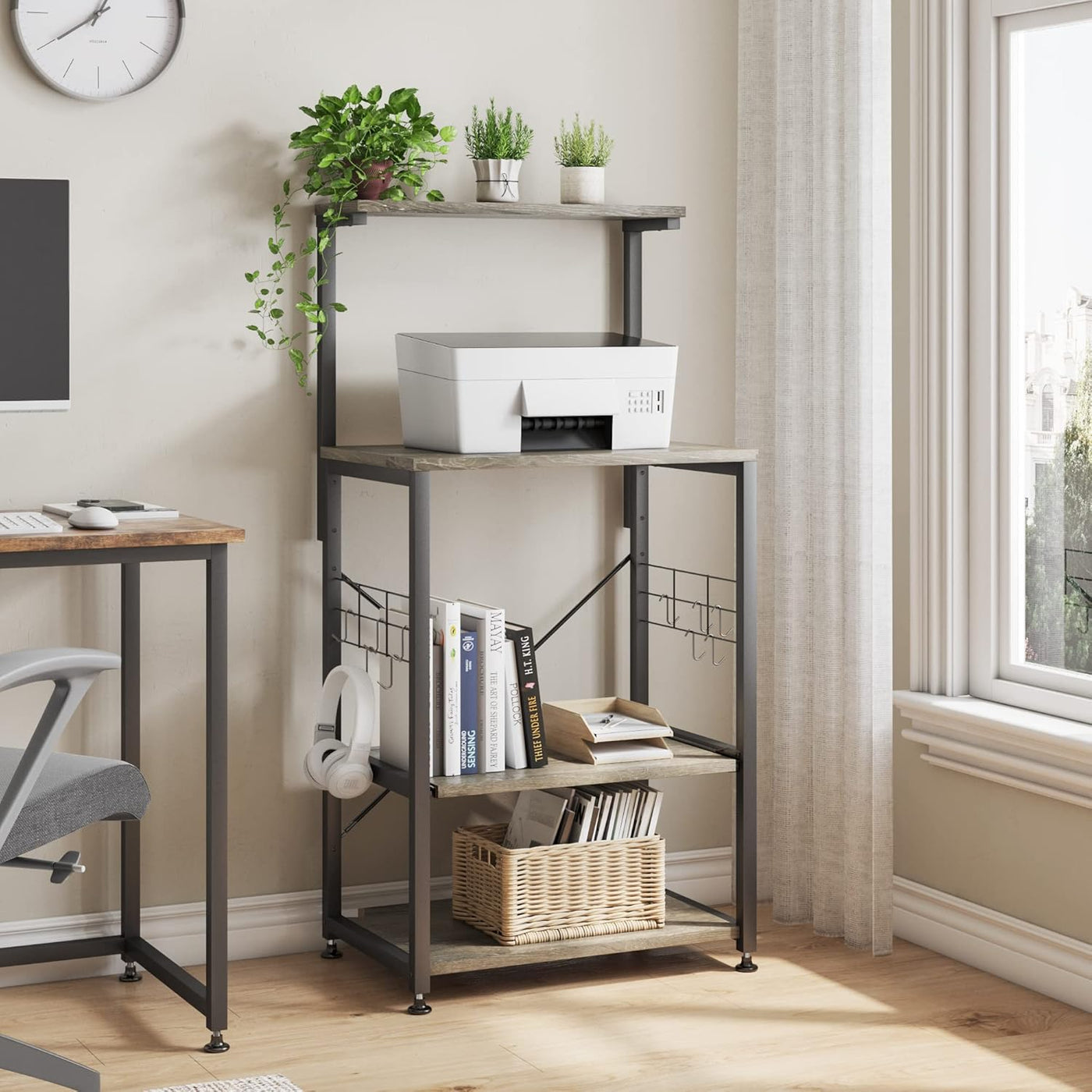 Versatile Kitchen Bakers Rack with Wheels - Microwave Stand & Utility Storage Shelf with 10 Hooks and Adjustable Feet