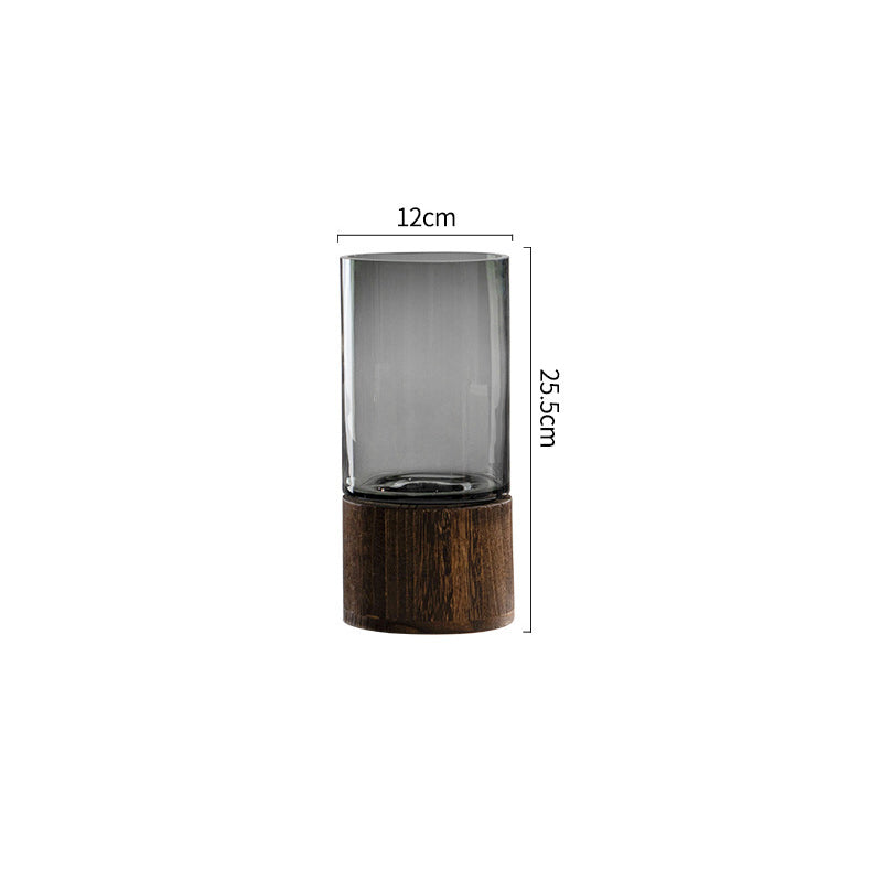 Rustic wooden glass vase with smoke grey finish by Cavira, Nordic home decor flower vase for living room or dining table.