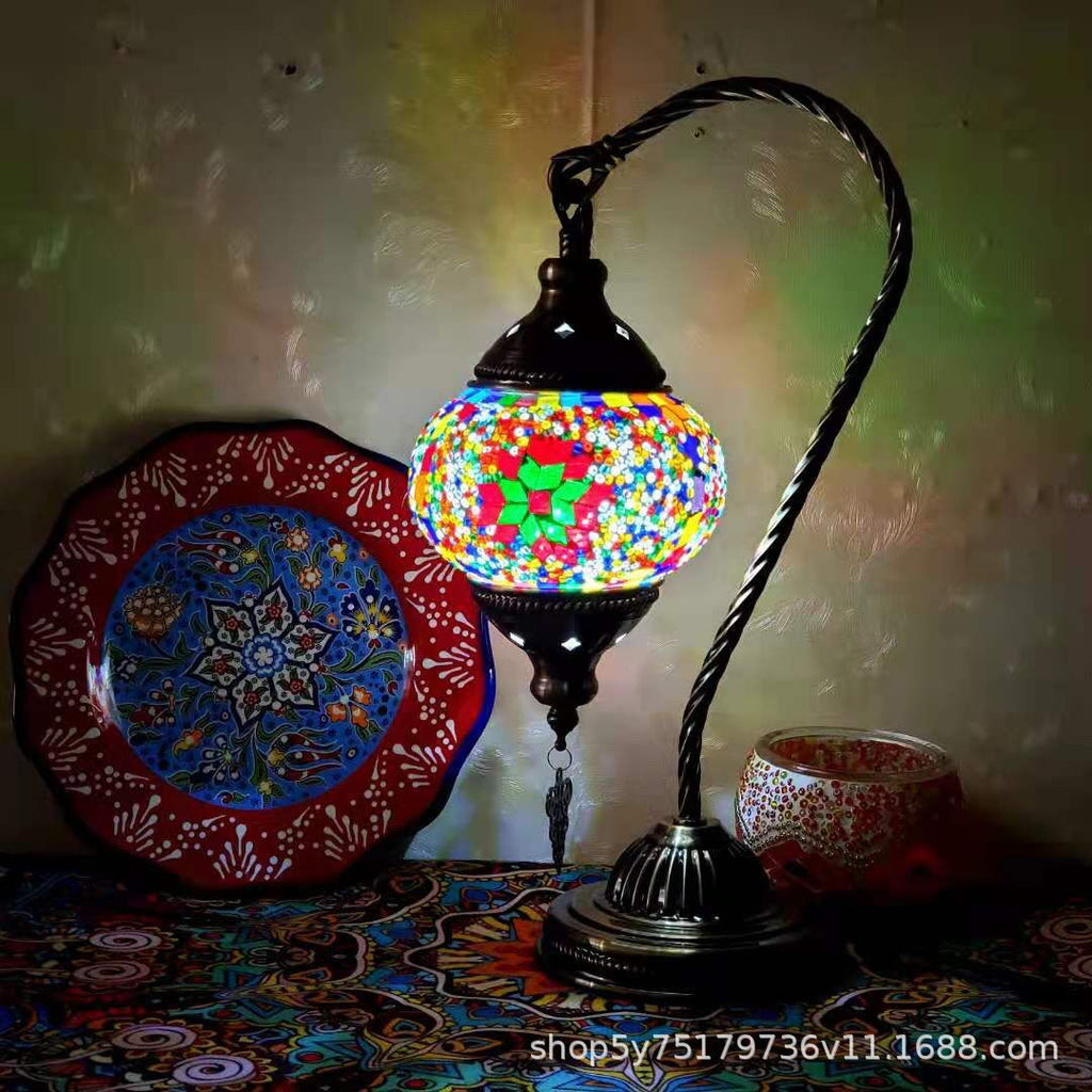 Moroccan mosaic glass table lamp by Cavira with stained glass and bronze iron, 22cm x 38cm, featuring 16 decorative designs.